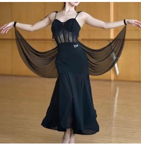 Women girls black flowy ballroom dance dresses with float sleeves waltz tango foxtrot smooth dance long gown for lady